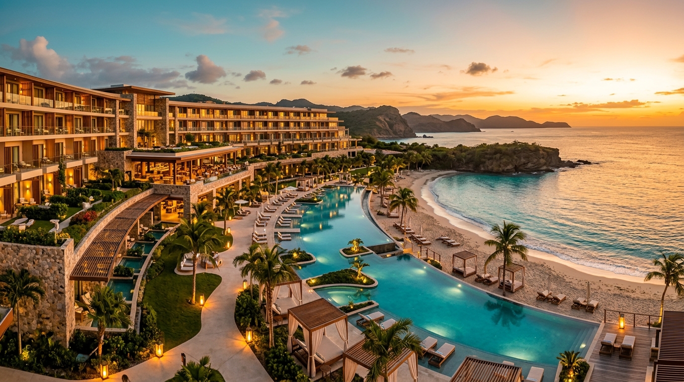 Luxury 5-star beachfront resort hotel with infinity pool at sunset